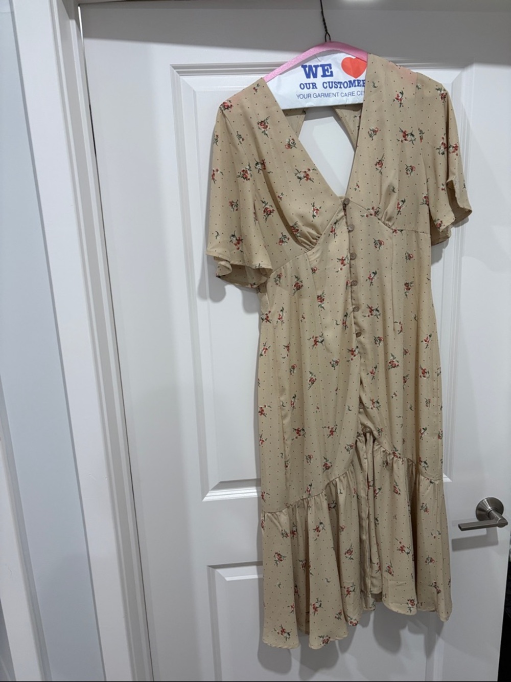 Beige Floral Midi Dress with V-Neck and Ruffle Hem